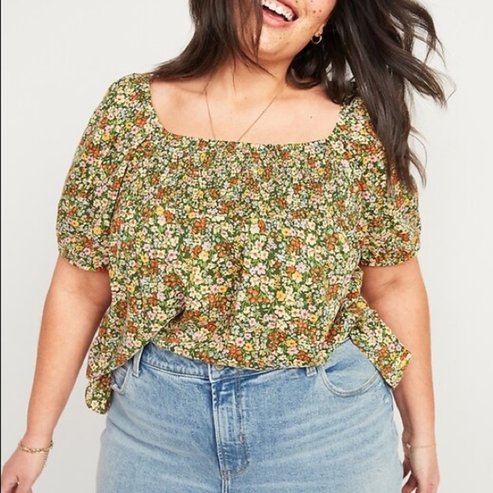 Old Navy Green Floral Smock Neck Top